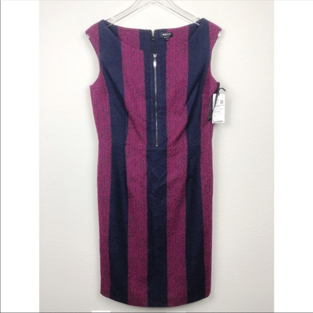 Classy, timeless sheath dress in raspberry & blue striped pattern